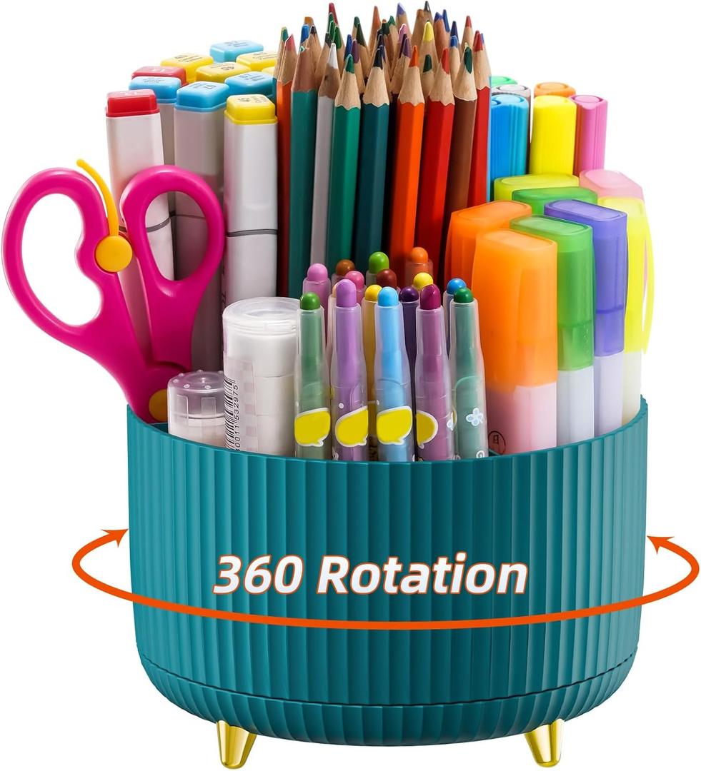 Marbrasse Desk Organizer, 360-Degree Rotating Pen Holder, Desk Organizers and Accessories with 5 Compartments Pencil Organizer, Art Supply Storage Box Caddy for Office, HomeGreen