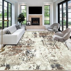 Living Room Rug 10x14 Rug, Machine Washable Modern Abstract Rug Soft Neutral Area Rug Non-Slip Stain Resistant Large Rugs for Living Room Dining Room Bedroom Dorm Office(Brown,10'x14')