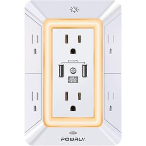 Multi Plug Wall Outlet Night Light, POWRUI 6 Outlet Extender & 3 USB Ports