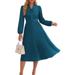 GRACE KARIN Womens 2025 Fall Long Sleeve Dress, Casual V Neck Pleated A Line Flowy Midi Dresses (18, Blue Grey)