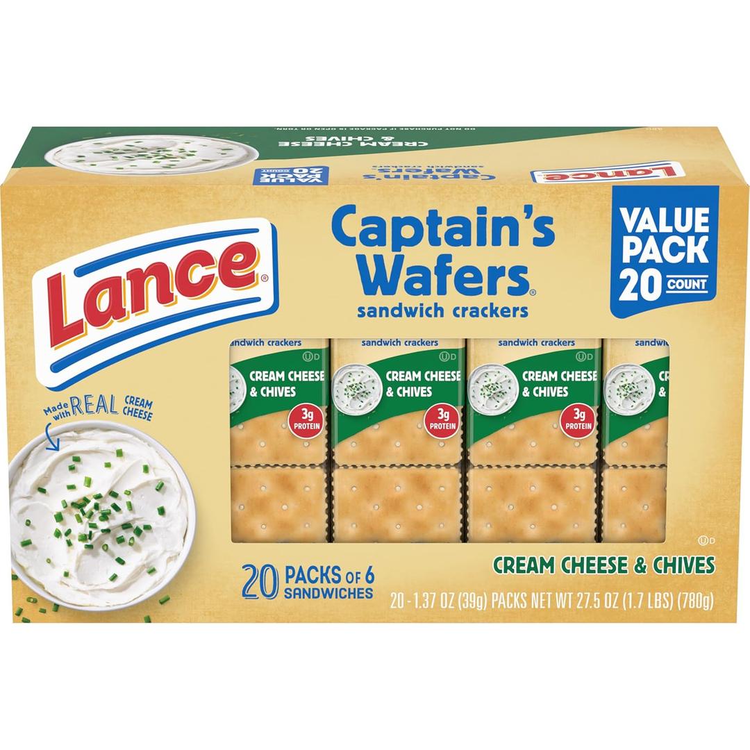 Lance Sandwich Crackers, Captain's Wafers Cream Cheese and Chives, 20 Packs, 6 Sandwiches Each (1.37 Oz (Pack of 20))(BB: August 2, 2025)