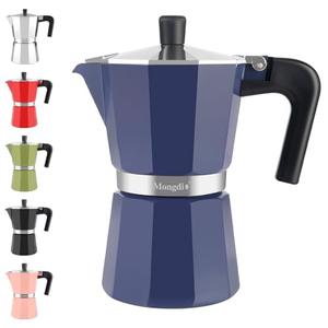 Mongdio Stovetop Espresso Maker Moka Pot, Stove Top Cuban Coffee Maker, Italian Greca Mocha Pot, 6 Espresso Cups, 10 oz - Blue