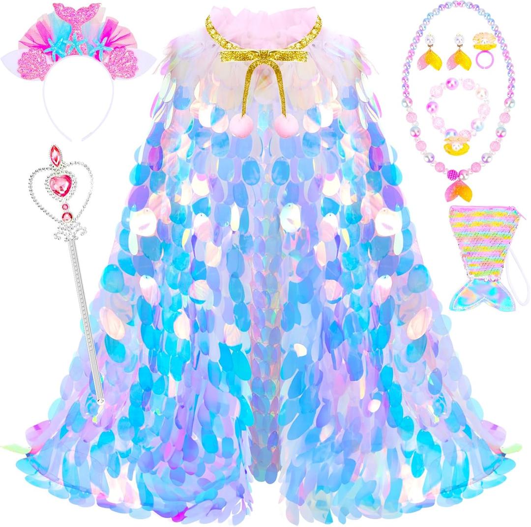 LIMIROLER Princess Dress Up Toys Princess Dress Up Clothes Rainbow Mermaid Cape Kit 9 Pcs Gift Set for Little Girls 3-8 Years (1 - Rainbow Pink)