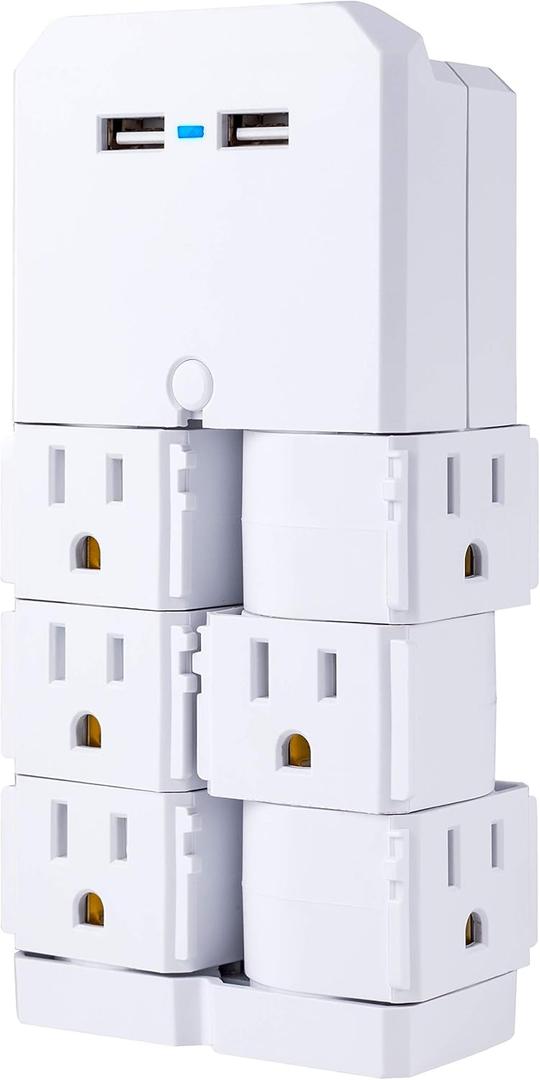 GE 6-Outlet Extender with Swivel Outlets, 2 USB Ports, Grounded Wall Tap, Built-In Device Shelf, Adapter Spaced, 3-Prong, Cruise Essentials, Use for Home Office School Dorm, UL Listed, White, 37064