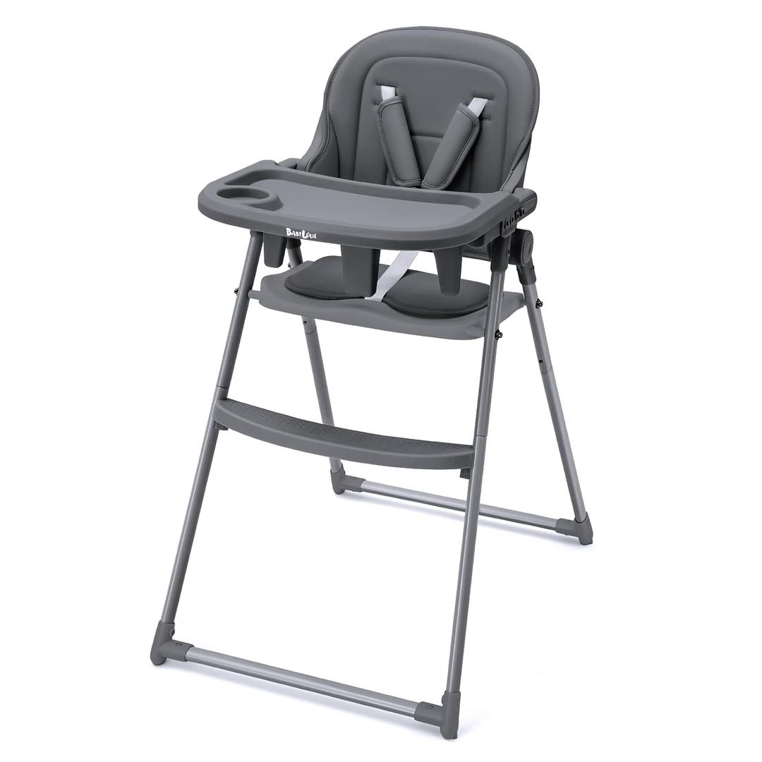 Foldable High Chair for Infants & Toddlers, Adjustable 3-Position Dishwasher-Safe Tray, 5-Point Safety Harness, Space-Saving Design for Dining & Mealtime, Gray
