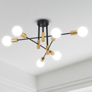 Mid Century Modern Sputnik Chandelier 6 Light Semi Flush Mount Ceiling Light Fixture Industrial Black and Gold Adjustable Arm Pendant Lighting for Living&Dining Room,Kitchen