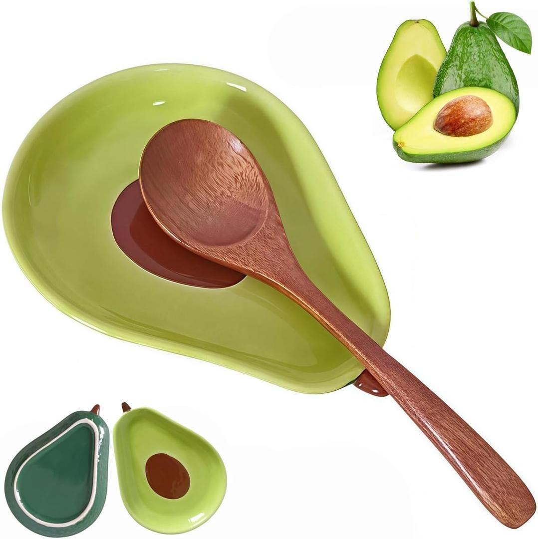 Cute Ceramic Spoon Rest & Holder for Stove Top, Avocado Shaped Coffee & kitchen Spoon Rest & Holder for Kitchen Counter, Stove & Cooking Spoon Holder for Ladle & Utensil & Spatula & Tong Rest (Green)