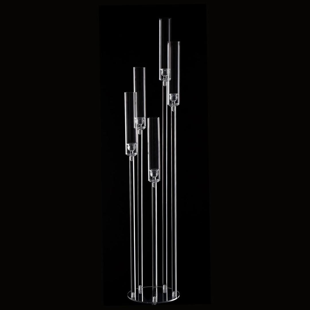 5 Arm Floor Candelabra,Acrylic Floor Candle Holder for Wedding Centerpiece Tall Clear Candle Holders for Ceremony Birthday Party Home Decoration Fit 0.8 LED Candles (1pcs)