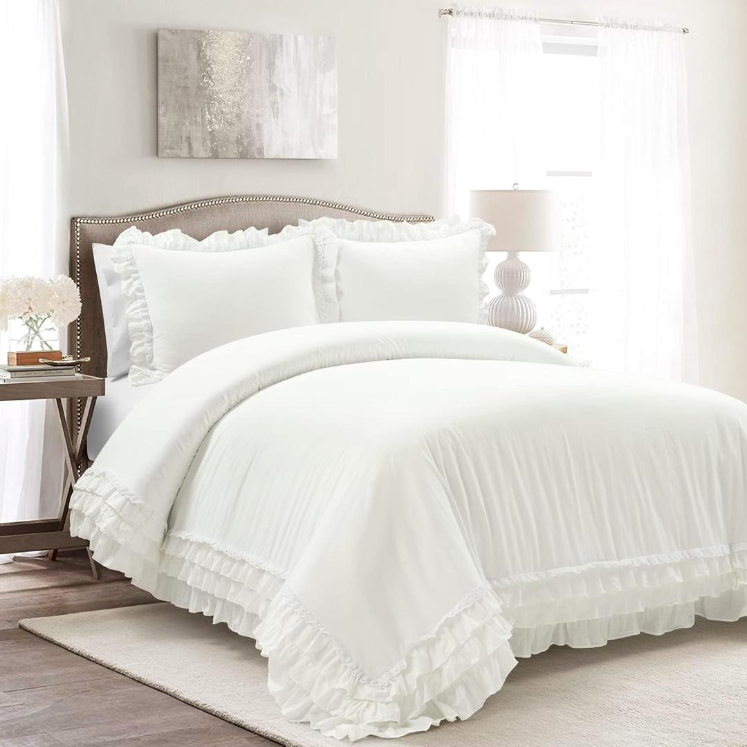 Lush Decor Ella Ruffle Lace 100% Cotton Duvet Cover, 3 Piece Set, Full/Queen, White - Cute Comforter - Queen Bedding Set - White Bedding Full Size - Coquette Decor - Neutral Lace Trim - Ruffle Trim