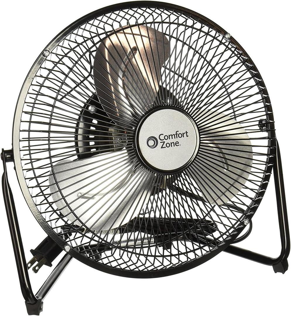 Comfort Zone 9 inch Cradle Fan, 3 Speed Floor or Table Fan with180 Degree Tilt, Metal Construction and Aluminum Blades, Carry Handle, Rubber Feet, Ideal for Bedroom, Workshop, or Garage, Black