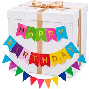 VercanMonth 28 Inches Giant Happy Birthday Gift Box with Lid Kit Extra Large White Gift Box with Happy Birthday Party Banner and Gold Ribbons for Special Celebrations Anniversaries Wedding Party