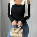 Women's Bow Knot Shoulder Colorblock T Shirt Long Sleeve Slim Fit Elegant Tee Tops (Large, Black)