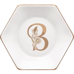 CARAKNOTS Initial Jewelry Dish for Women-Ceramic Ring Holder for Watch Earrings, Mothers Day Gifts for Mom, Wedding Engagement Bridesmaid Monogrammed Trinket Tray with Floral Gift Box (White Letter B)