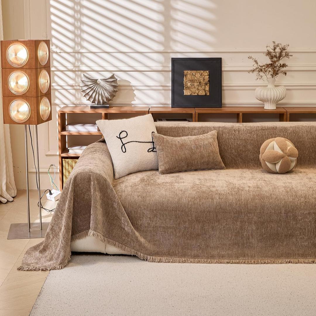 Brown Couch Covers for Sectional Sofa Non Slip Chenille Sofa Covers Washable for Dogs with Tassels, Wear Resistant Sofa Throw Blanket for Couches Loveseat Covers for Home Decor, 71''x118''