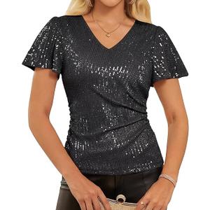 Women Sparkly Sequin Top Short Sleeve Ruffle V Neck Blouse Glitter Disco Evening Cocktail Concert Summer Shirt, Black Large
