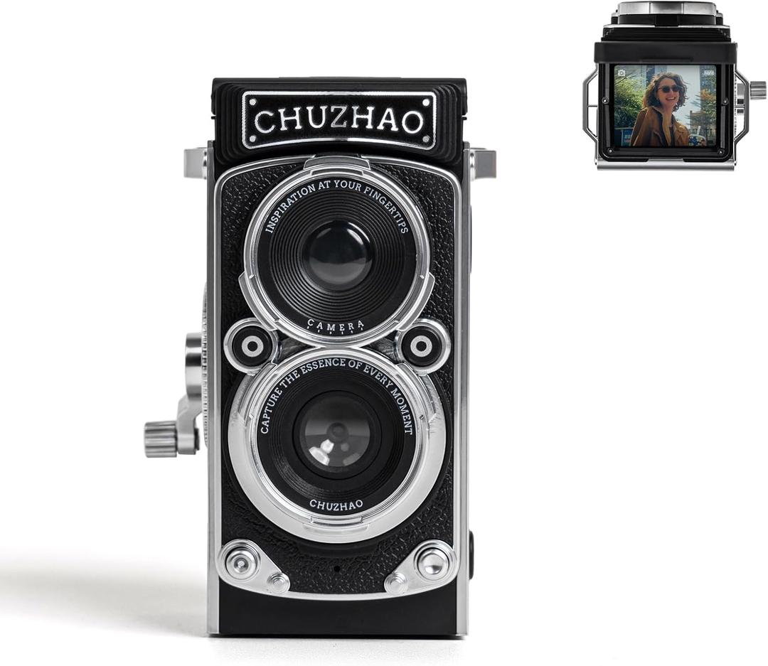 Vintage Mini Digital Camera with Date & Time Setting - Portable Retro TLR Style 1080P FHD Video 12MP Photos Autofocus Compact CHUZHAO Camera with 16GB Card for Beginners Teens Adults, Black