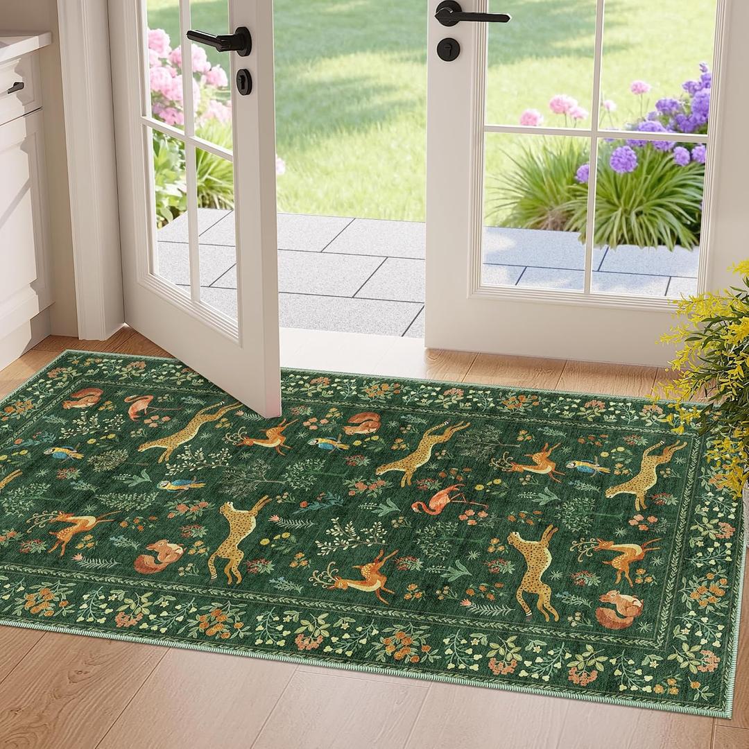 DUKINO 2x4 Rug for Hallway, Washable Kitchen Runner Rug with Non Slip Backing, Soft Low Pile Vintage Animal Runner for Bedroom, Kitchen, Hallway, Entryway, Laundry, Green