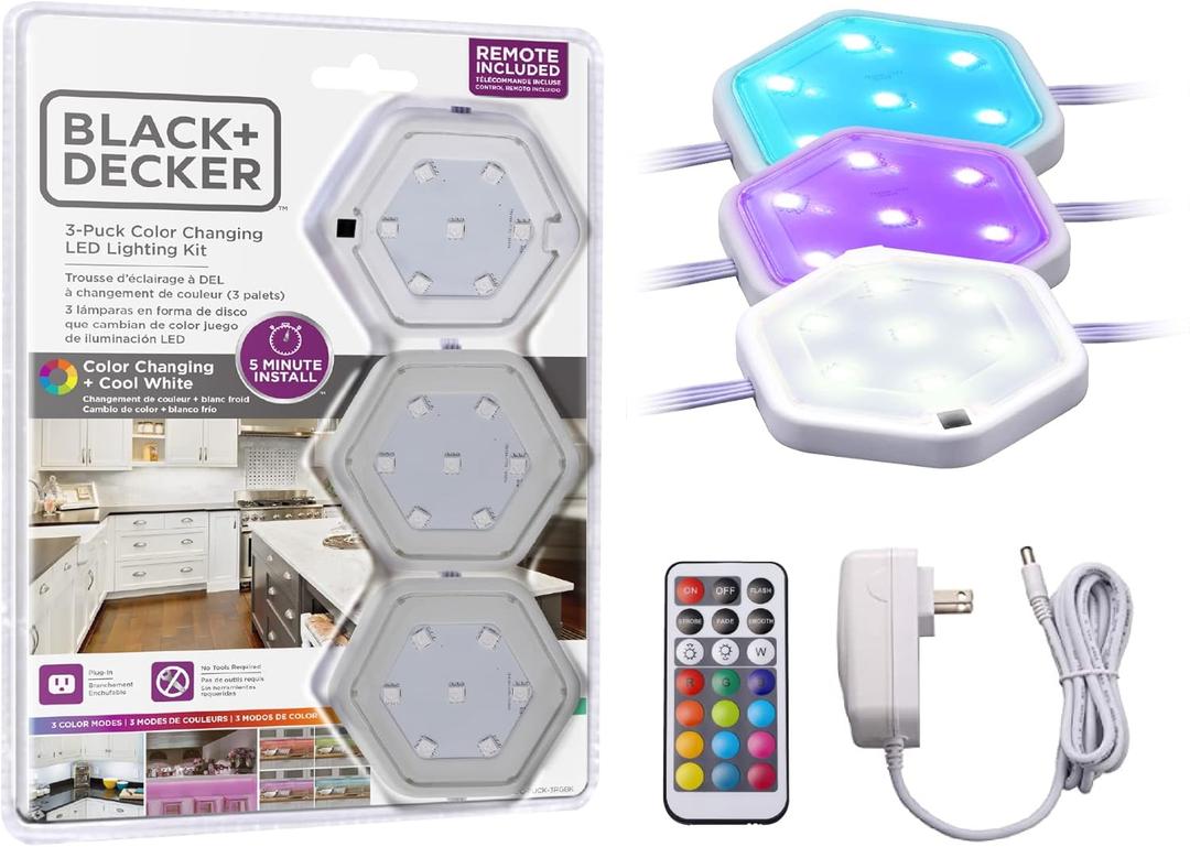 BLACK+DECKER Color Changing LED Puck Lights with Remote, Dimmable, Stick On or Screws Installation (3-Pack)