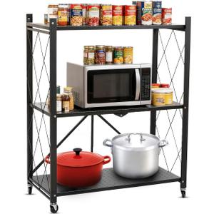 3 Tier Foldable Storage Shelf with Wheels, Heavy Duty Collapsible Metal Shelf Rack Folding Bookshelf, No Assembly Rolling Cart for Kitchen, Pantry, Closet, Office, Bathroom, Garage Organizer, Black