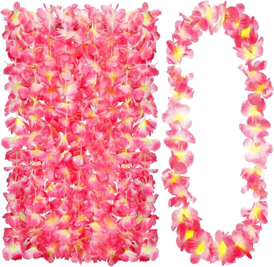 Hoteam 24 Counts Pink Hawaiian Leis Necklace Tropical Flower Lei Floral Luau Party Decorations Hawaiian Flower Luau Necklaces Hula Dance Garland Headbands for Beach Birthday Wedding Party Favors