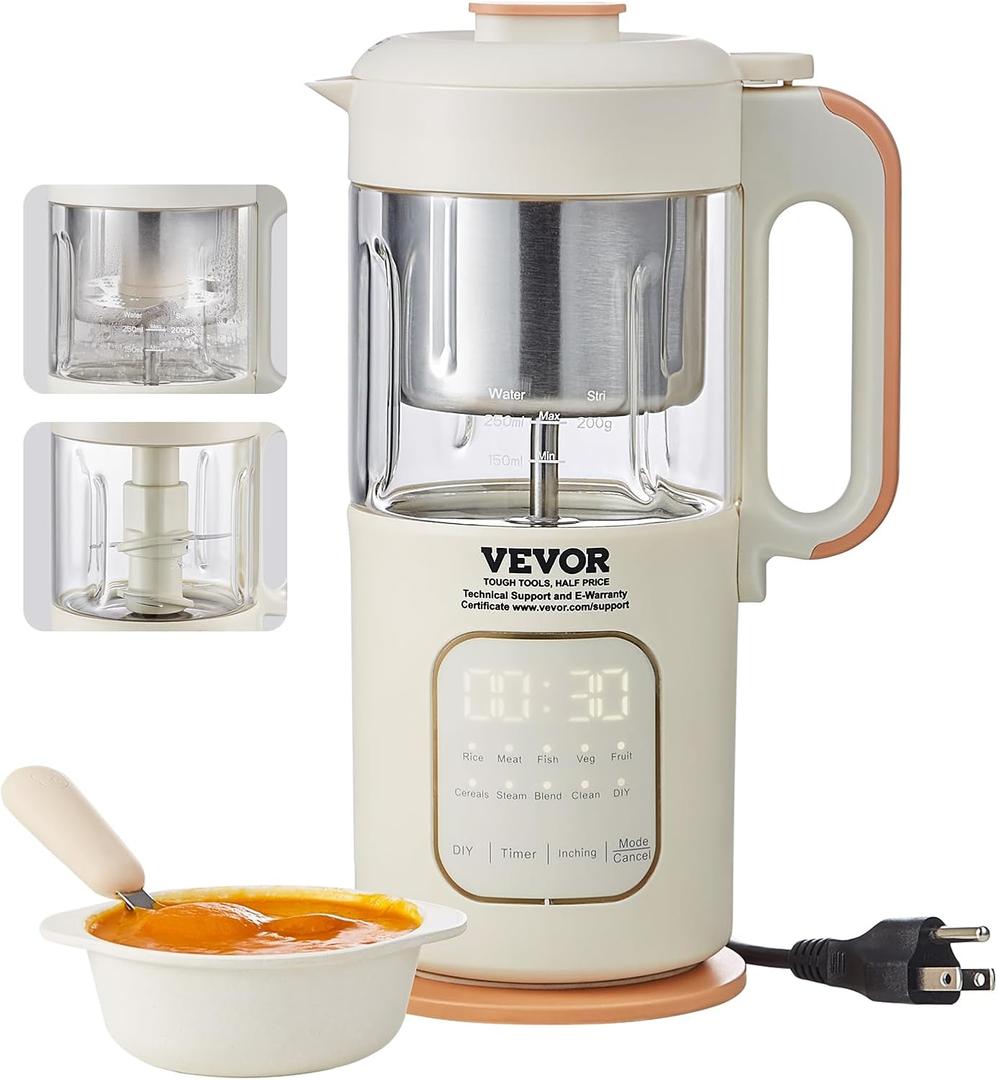 VEVOR Baby Food Maker, Baby Food Processor, SUS304 Stainless Steel 4-Blade Baby Food Puree Blender Steamer Grinder with 300 ml Glass Bowl, for Food, Fruit, Vegetable, Meat, 500W VEVOR Baby Food Maker, Baby Food Processor, SUS304 Stainless Steel 4-Blade Baby Food Puree Blender Steamer Grinder with 300 ml Glass Bowl, for Food, Fruit, Vegetable, Meat, 500W