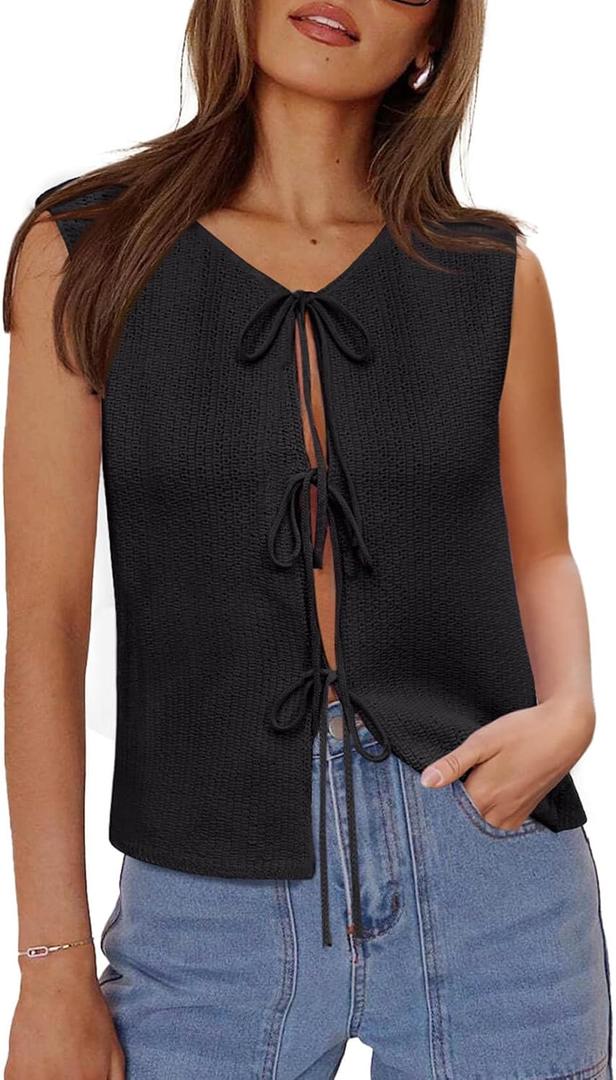 Yousify Womens Tie Front Sweater Vest 2025 Sleeveless Crochet Knit Summer Y2K Going Out Tops (M)