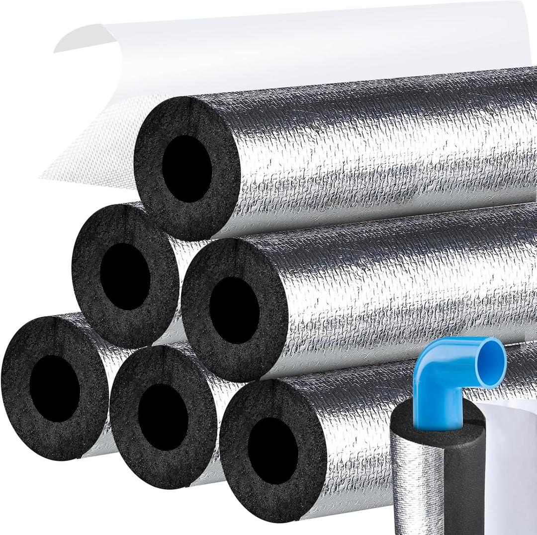 Supkiir 6Pcs Pipe Insulation Foam Tube 1in, Aluminium Foil Self-Adhesive Foam Pipe Wrap, Highly Insulated for Copper Pipe AC Line Outdoor Winter Irrigation RV Plumbing Pipe Sprinkler Spigot