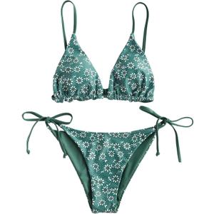 ZAFUL Women's Triangle Bikini Floral String Bikini Set Two Piece Swimsuit Bathing Suits (Medium, 2-greenish Blue)