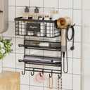 Hair Dryer Holder Wall Mounted, Adheisve Hair Styling Tool Organizer for hair Brush/Appliance Wall Mount with 4 Tier Shelf Basket Hooks Blow Dryer and Straightener Holder for Bathroom(Black)