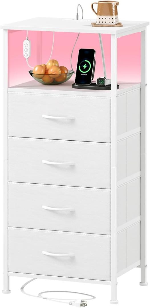Somdot White Nightstand with Charging Station and LED Light for Bedroom, Tall 4 Drawers Dresser with Fabric Bins for Bedside Kids Dorm Room Closet Laundry Entryway, White Leather