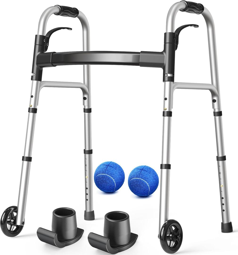 Folding Walker with 2 Precut Tennis Balls, Lightweight Walkers for Seniors with Wheels, Support Up to 350 lbs, Height Adjustable Standard Compact Walker & Ski Glides