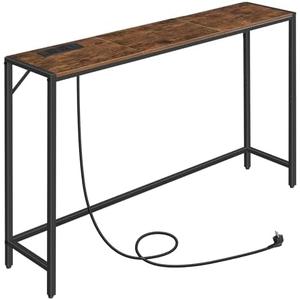 MAHANCRIS Console Table, Narrow Sofa Table, 43.3” Entrance Table with Power Station, Behind Couch Table, Simple Style, for Living Room, Hallway, Entryway, Foyer, Rustic Brown and Black CTHR112E01