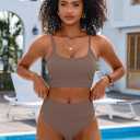 ANRABESS Women’s High Waisted Bikini Sets,Color Block 2 Piece Swimsuits,Tummy Control Bathing Suits,Thick Ribbed Beach Wear (Brown, M)