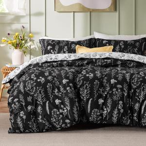 Bedsure Queen Comforter Set - Black Bed Set, 3 Pieces Cute Floral Bedding, 1 Soft Reversible Botanical Flowers Comforter and 2 Pillow Shams (22 - Black)
