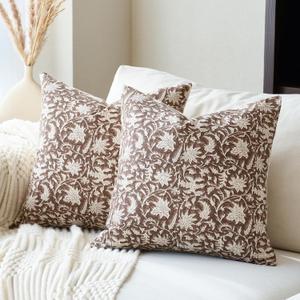 Floral Throw Pillow Covers 18x18 Farmhouse Block Print Pillow Covers Decorative Pillow Covers Couch Pillows for Living Room Vintage Accent Sofa Pillows Set of 2, Brown