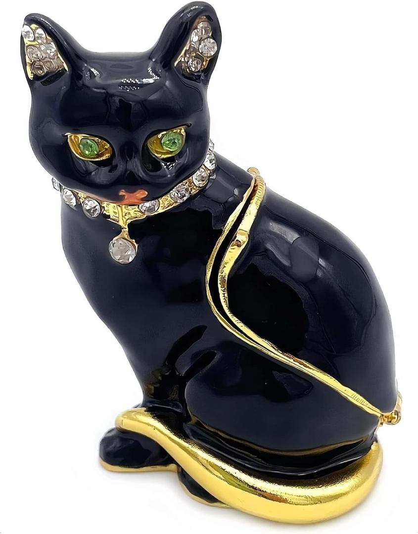 JWT Astyle Luxury Black Cat Hinged Jewelry Box with Crystals, Hand Painted Cat Figurine Trinket Box, Classic Animal Designs, Rings Earrings Necklace Storage Box, Cat Home Decor Gift
