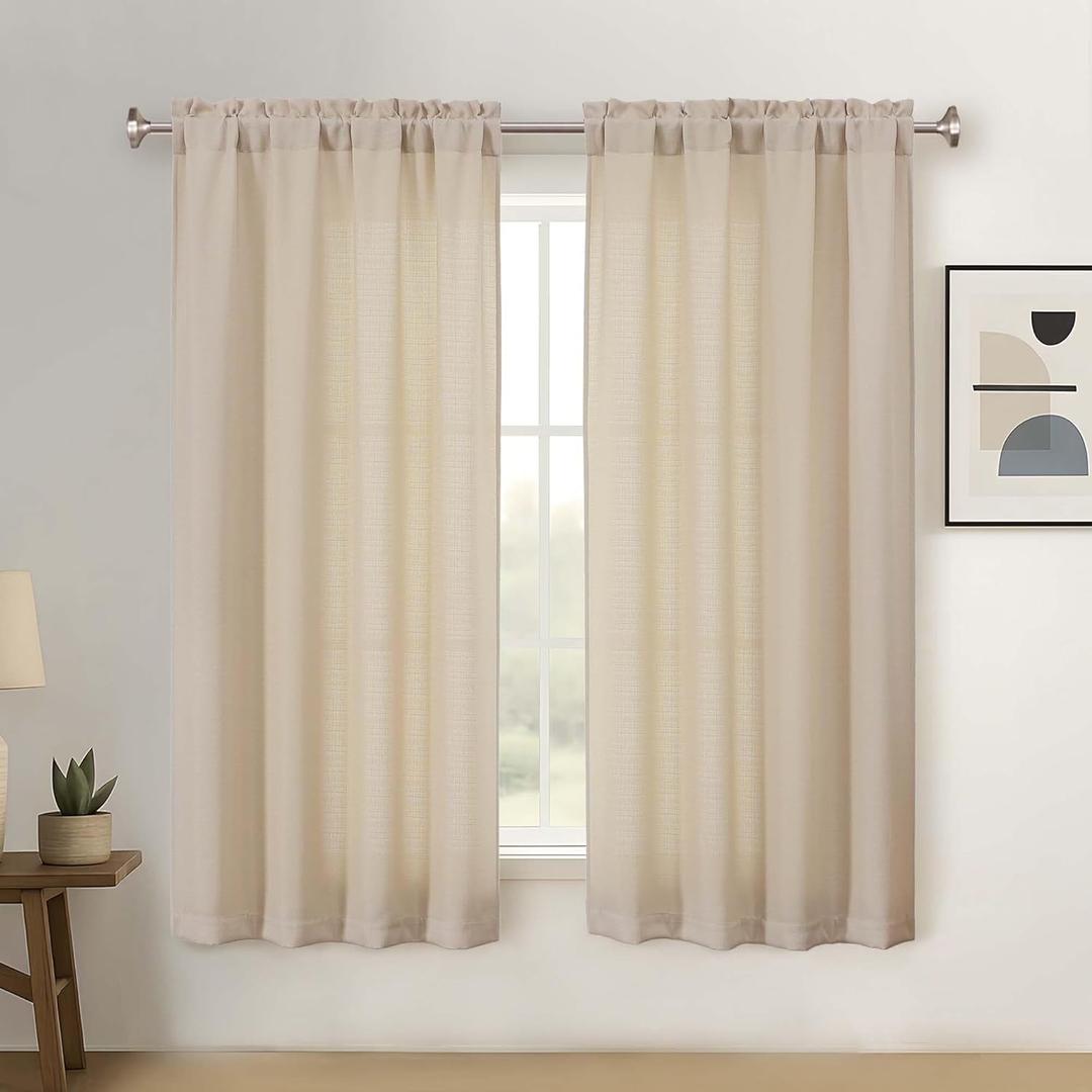 Semi Curtains 63 Inch Length 2 Panels Set, Soft Airy Faux Linen Burlap Textured Light Filtering Window Curtains for Living Room, Dual Rod Pocket Window Treatment Drapes, 2x40Wx63L, Linen Color