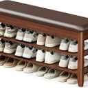 LBT Solid Wood Entryway Shoe Bench with Storage, Adjustable 2-Tier Shoe Rack, Flip-Top Hidden Compartment, Padded Leather Seat, Heavy-Duty 550 lb Capacity for Entryway, Mudroom, Closet 31.5 inch