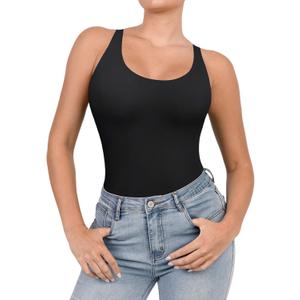 Popilush Shapewear Bodysuit for Women Round Neck Sleeveless T Shirt Tank Tops Thong Bodysuits Jumpsuits (Black, M)