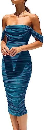 PRETTYGARDEN Summer Off The Shoulder Ruched Bodycon Dresses Sleeveless Sexy Party Club Midi Dress (S, Blue)