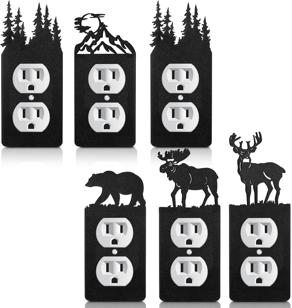6 Pcs Metal Bear Light Switch Cover Plate Moose Tree Mountain Elk Forest Outlet Plate Toggle Outlet Wall Cover for Home (Single Flats)