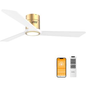 DAMINY Natural Solid Wood White and Gold 52 inch Ceiling Fan with Light,3 Blades,6CCT,Low Profile Ceiling Fan with Light and Remote Control, APP Control,Flush Mount