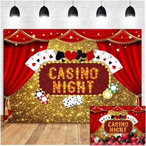 8x6ft Polyester Las Vegas Gold Glitter Bokeh Photography Backdrops Casino Night Poker Dice Red Curtains Photo Background Birthday Party Prom Banner Studio Shoot Booth Props Dessert Cake Table Decor