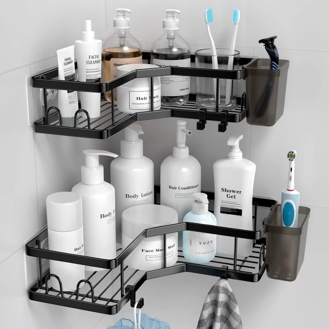 Corner Shower Caddy, 2 Pack Adhesive Shower Corner Organizer Shelves, No Drilling Stainless Steel Shower Storage Rack with Hooks&Toothpaste Holder for Bathroom, Dorm and Kitchen (9.6"9.6"2.6", Black)
