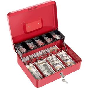 Cash Box with Money Tray and Key Lock Large Metal Money Safe Box with Cantilever Coin Tray, Lock Box for Money 11.8" x 9.4" x 3.54" Red