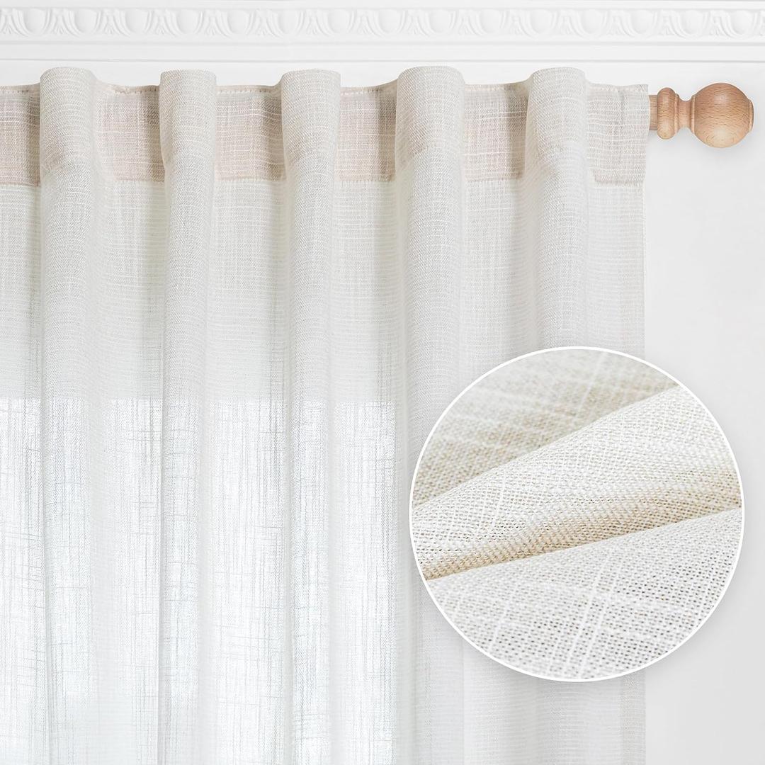 MYSKY HOME Curtains 63 Inch Length 2 Panels, Boho Curtains Sheer Light Soften for Bedroom Kitchen Farmhouse Style Country Rustic Drapes Window Treatment Set, Beige White, 50" x 63"