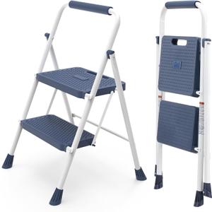 Sweetcrispy 2 Step Ladder, 800lbs Heavy-Duty Folding Step Stool | Lightweight Portable Stepping Stool with Wide Anti-Slip Pedal & Convenient Handrail, for Kitchen, Garage & Outdoor Use, Blue