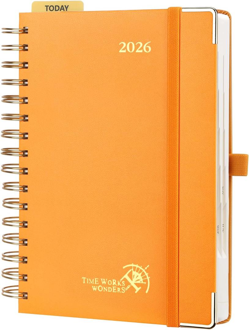 POPRUN 2026 Daily Planner One Page A Day - [8.5" x 5.75" Wire-Bound Hard Cover] Agenda 2026 Hourly Appointment Book with Monthly Calendar, Inner Pocket, Ivory Paper - Orange