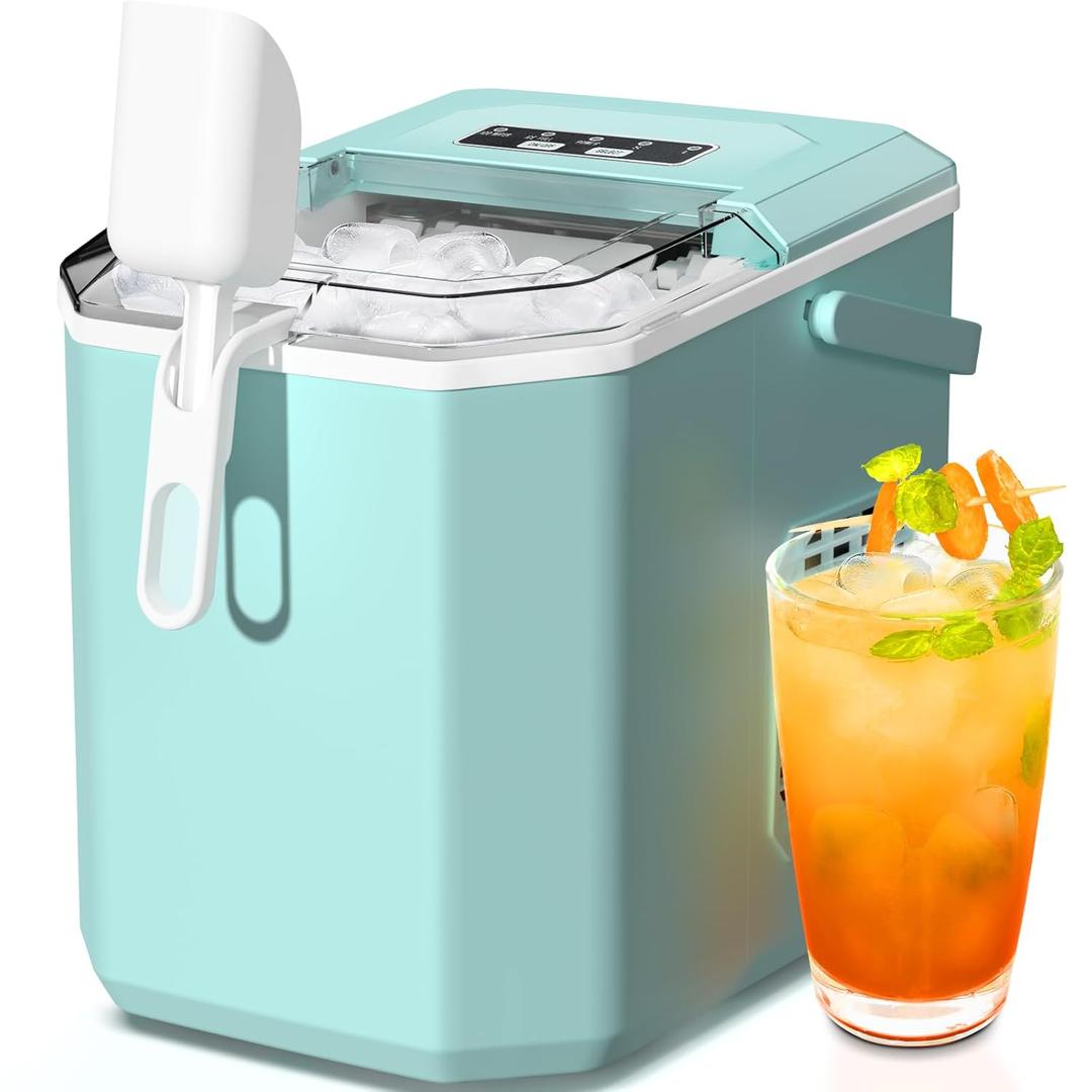 ZAFRO Countertop Ice Maker,Portable Ice Machine with Carry Handle,Self-Cleaning,Basket and Scoop,9 Cubes in 6 Mins,26.5lbs/24Hrs,2 Sizes of Bullet Ice,for Home,Kitchen,Party,Black,Green (Green)