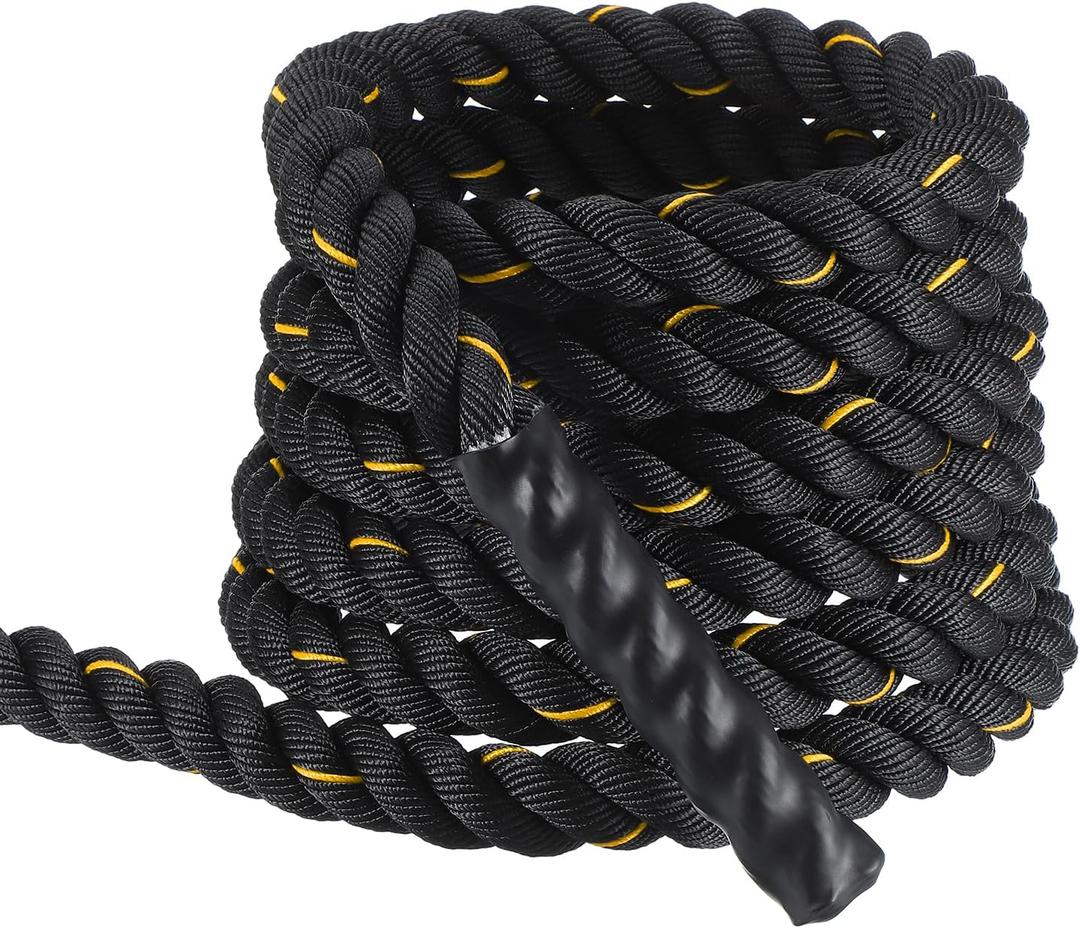 MECCANIXITY Battle Rope 20ft x 1.5 Inch Polyester Workout Rope Heavy Fitness Exercise Rope for Strength Training Home Gym Muscle Building, Black Yellow